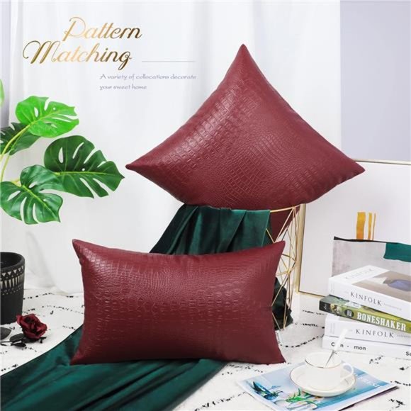 Faux Leather Pillow Covers 12X20 Inches, Deep Red Leather Pillow Covers Pack of2 - Picture 2 of 6